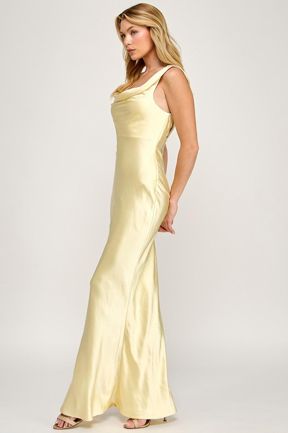 BUTTER COWL NECK SATIN MAXI DRESS