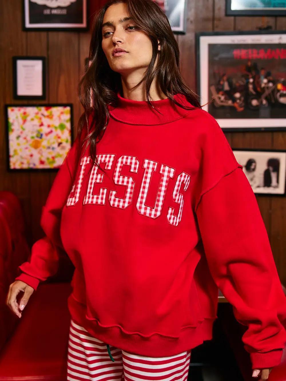 'Jesus' Red Gingham Applique Mock-Neck Sweatshirt
