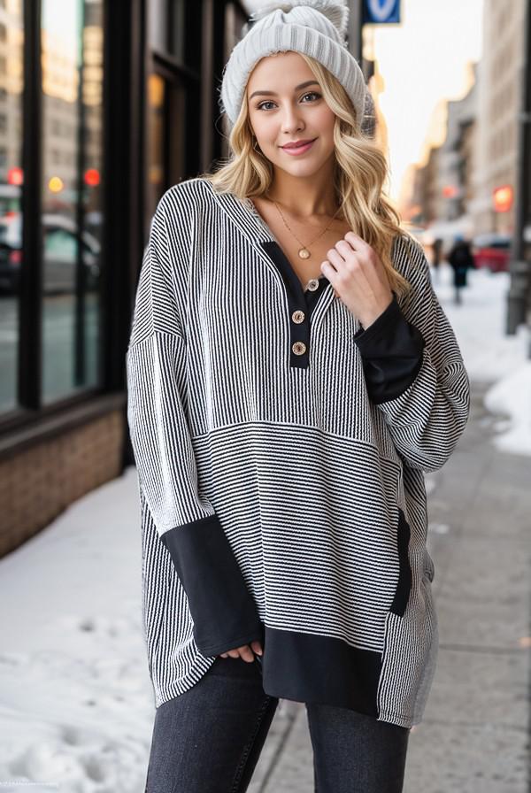 Long Sleeve Stripe Solid Contrast Hoodie