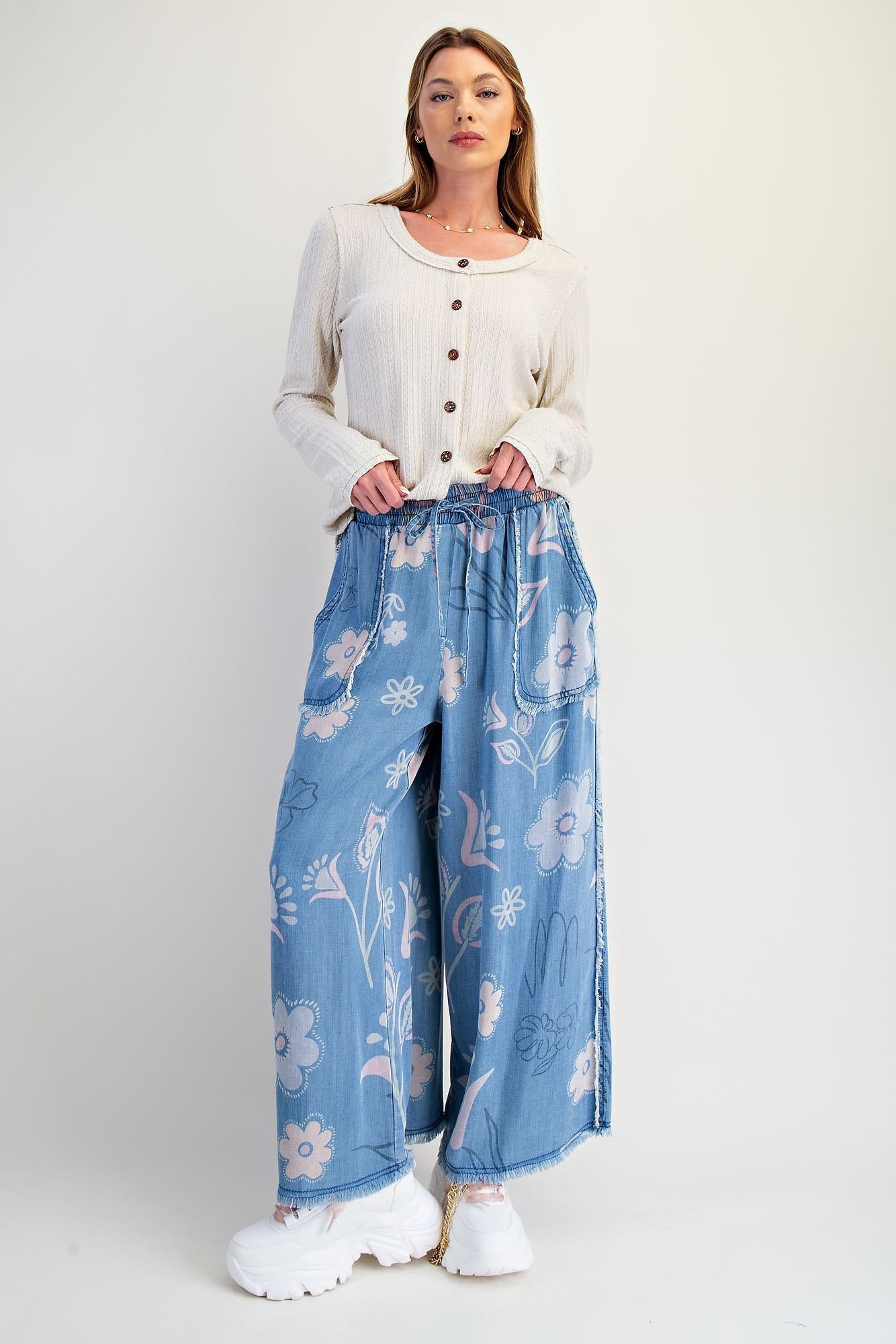 Floral Print Washed Chambray Pants
