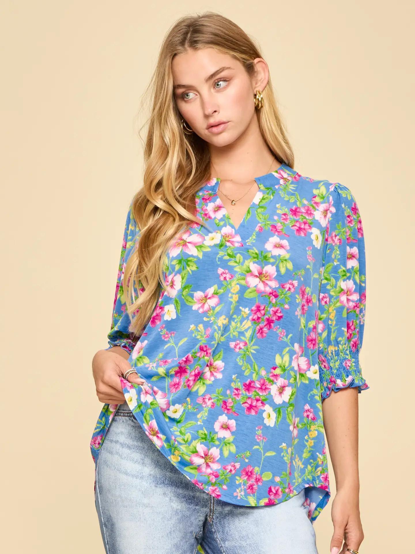 Ocean Blue Smocked 3/4 Sleeve Lizzy Top