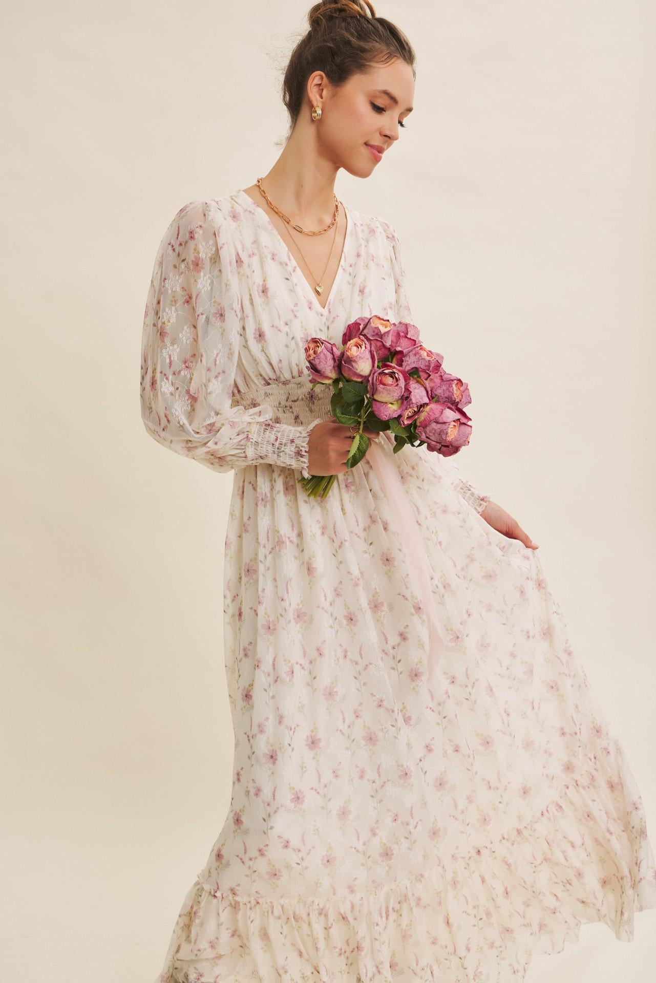 Dreamy Floral Mesh Maxi Dress With Smocked Waist