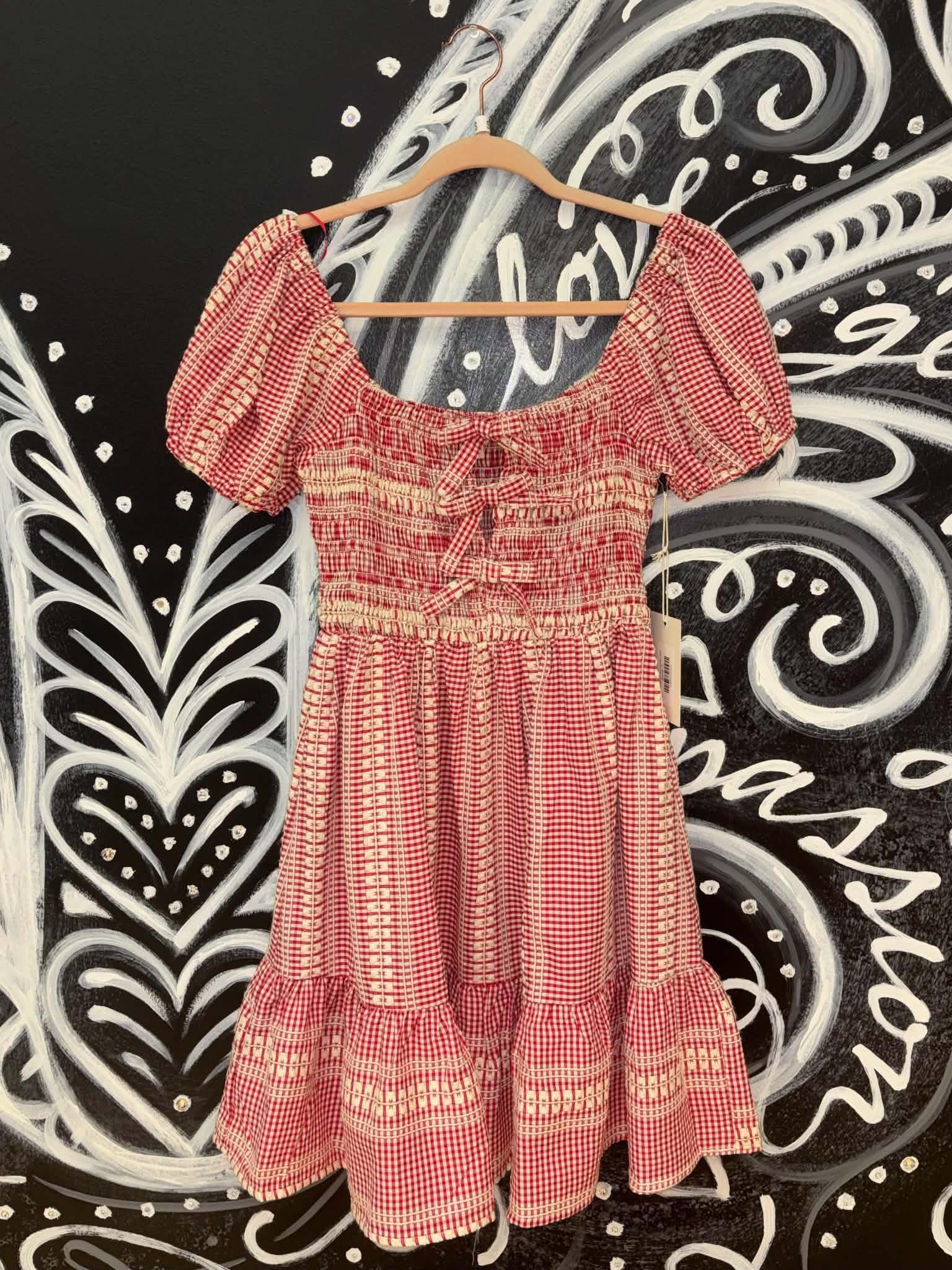 Red Gingham Smocked Mini Dress