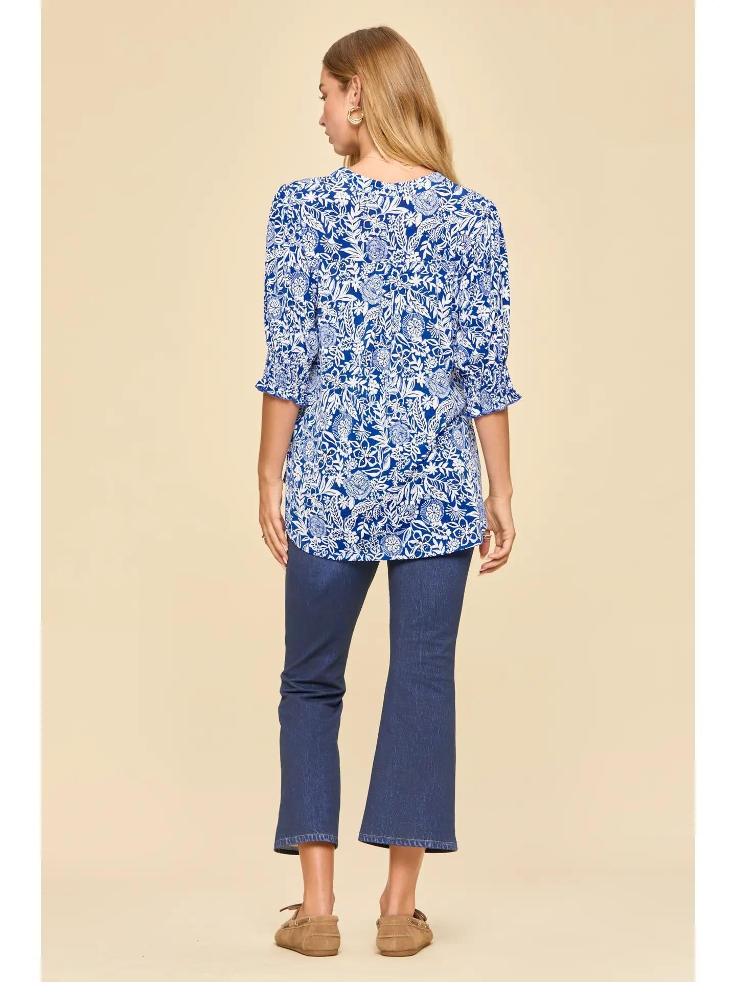 Royal Blue Smocked 3/4 Sleeve Lizzy Top