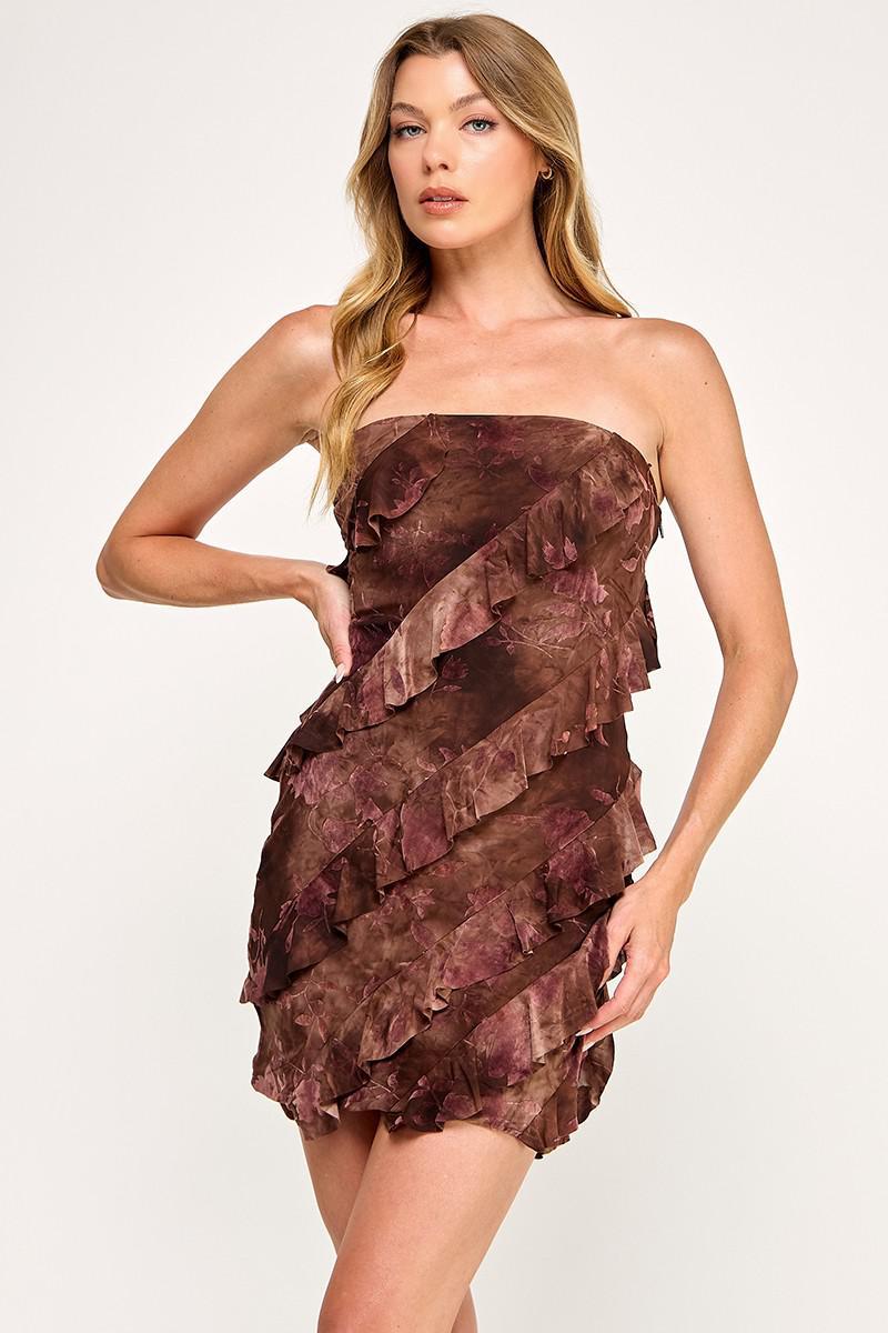 Brown Flocking Mesh Ruffle Mini Dress