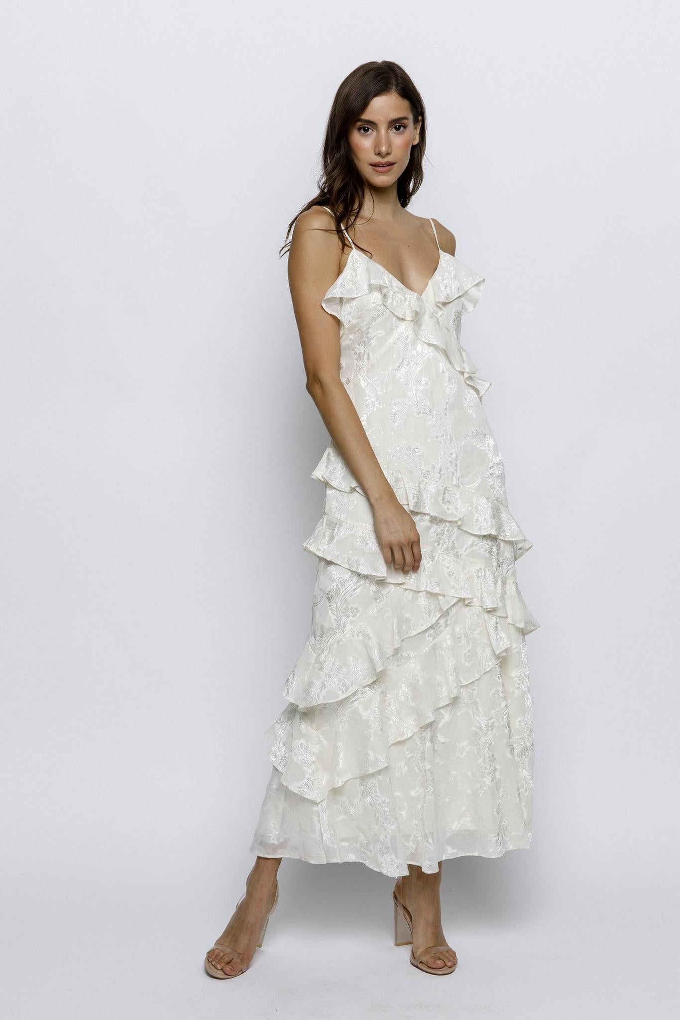White Beads Embossed Print Ruffled Slip Dress