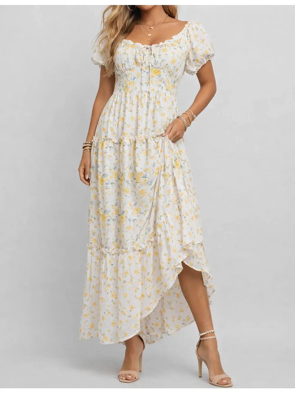 Floral Print Sweetheart Neck Puff Sleeves Maxi Dress