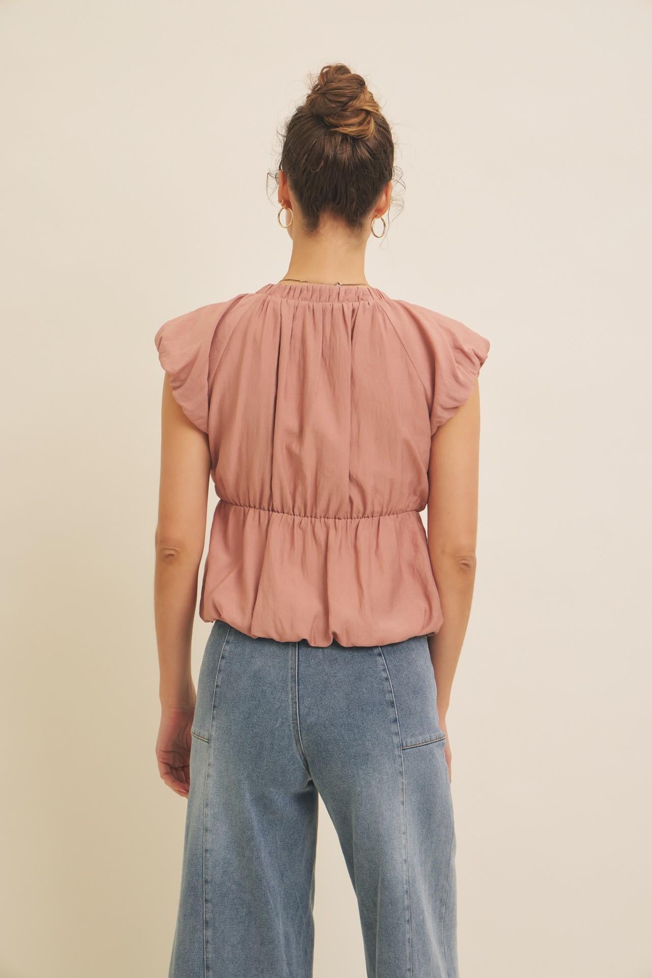 Mauve Bubble V-neck Blouse Top With Front Bow