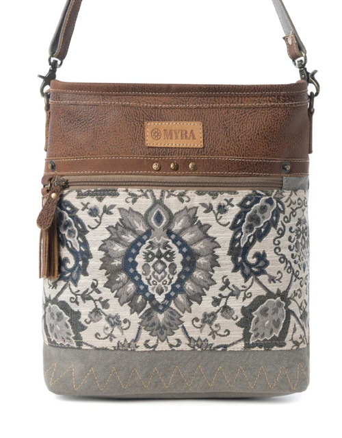 Sagebrook Jacquard upcycled canvas Bag for Women in sage with leather detail