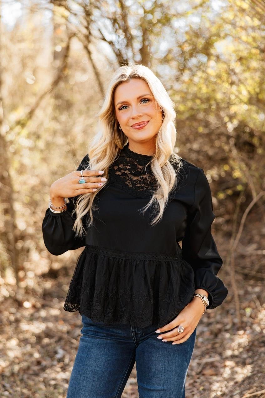 Black High Neck Blouse with Lace Peplum