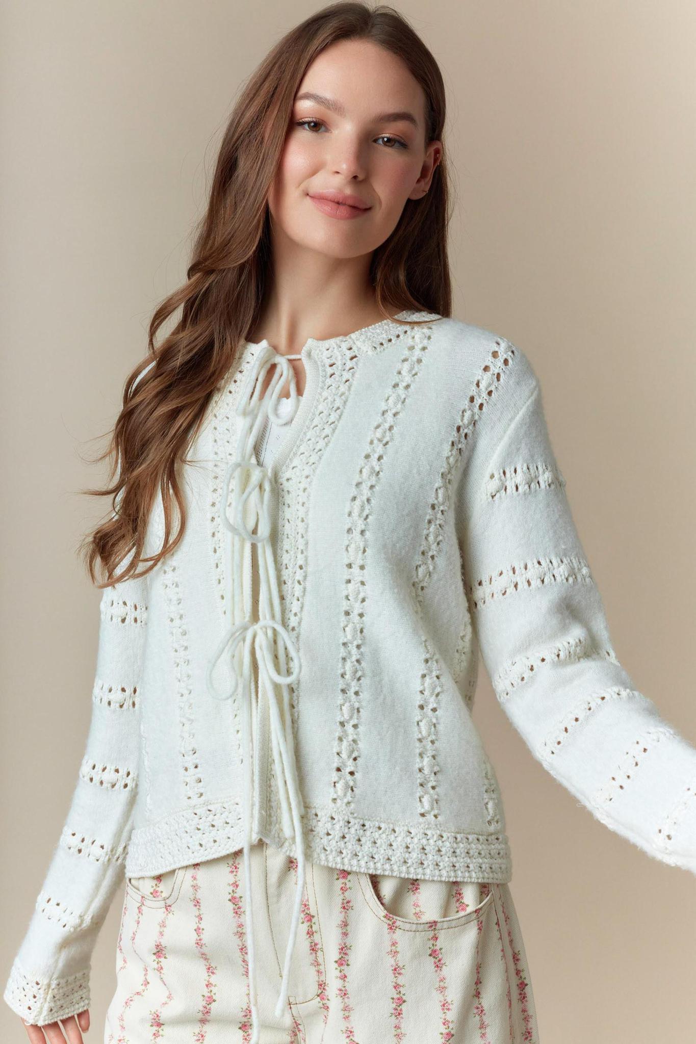 3 Bow Tie Strap Sweater Cardigan - Ivory