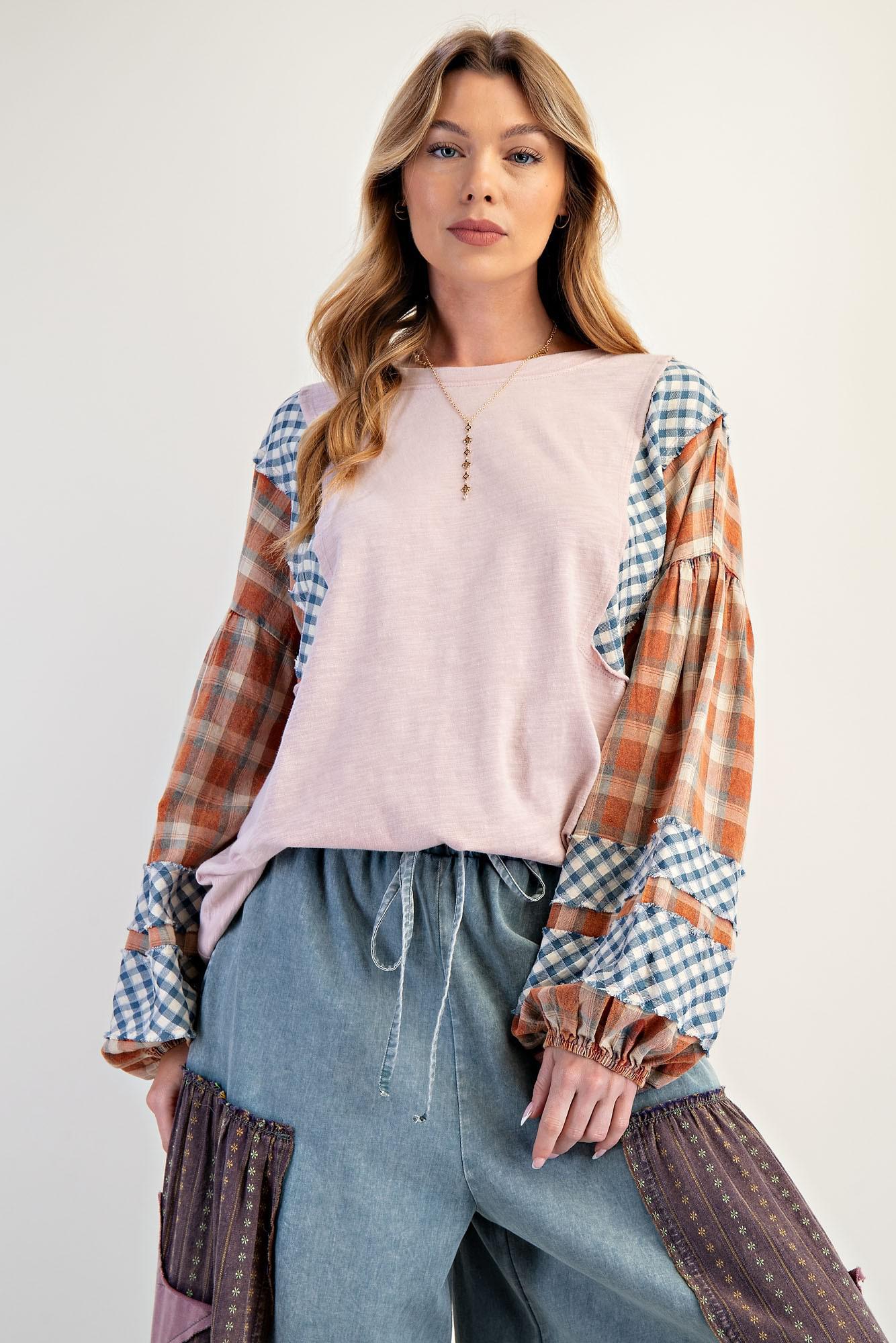 Rose Plaid Mix Cotton Knit Top
