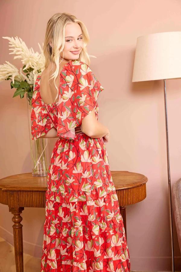 Bohera Lariat Grace Lace Trim Midi Dress in Crimson Red