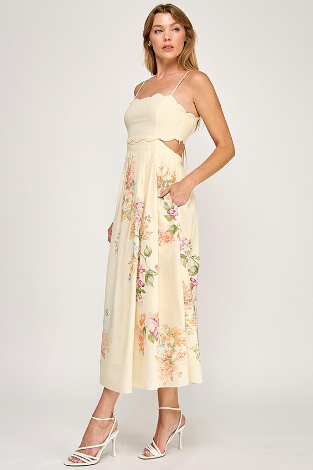 Cream Floral Scallop Dress