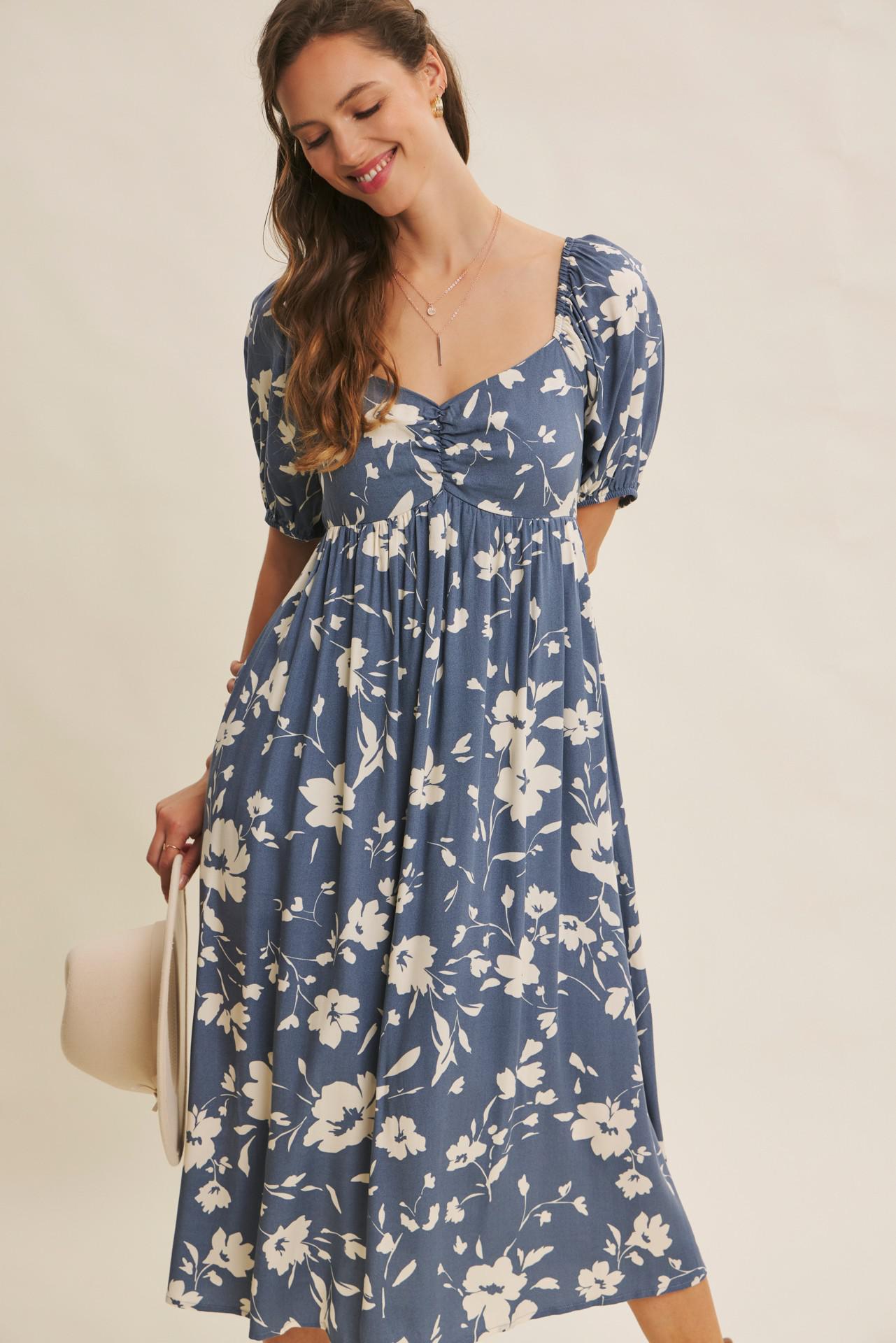 Vintage Denim Flowy Sweetheart Neck Midi Dress
