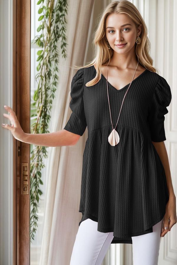 Black Ruched Solid Waffle Babydoll Top