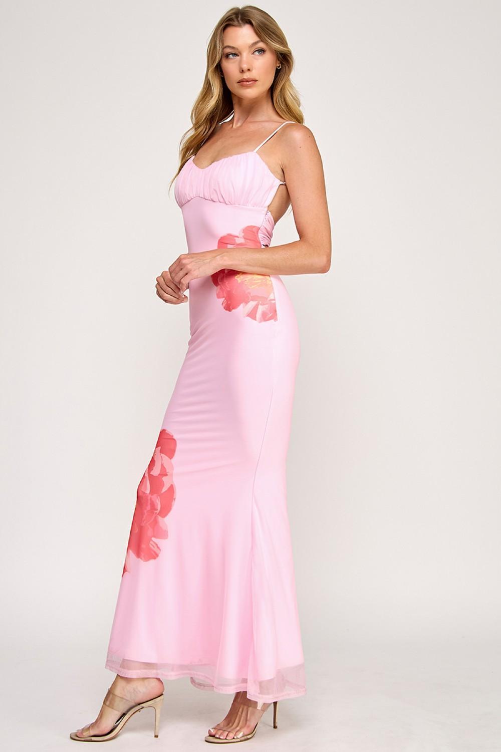 Pink Mesh Big Flower Maxi Dress