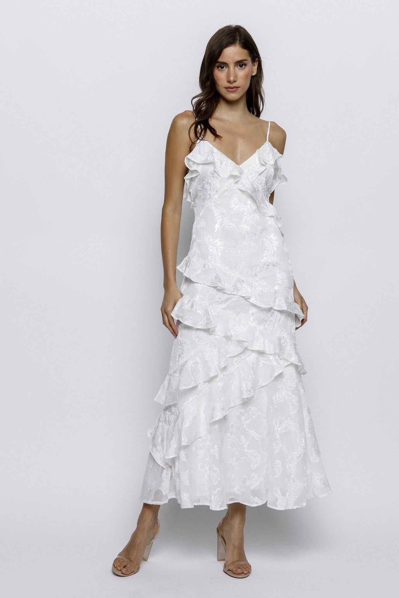 White Beads Embossed Print Ruffled Slip Dress