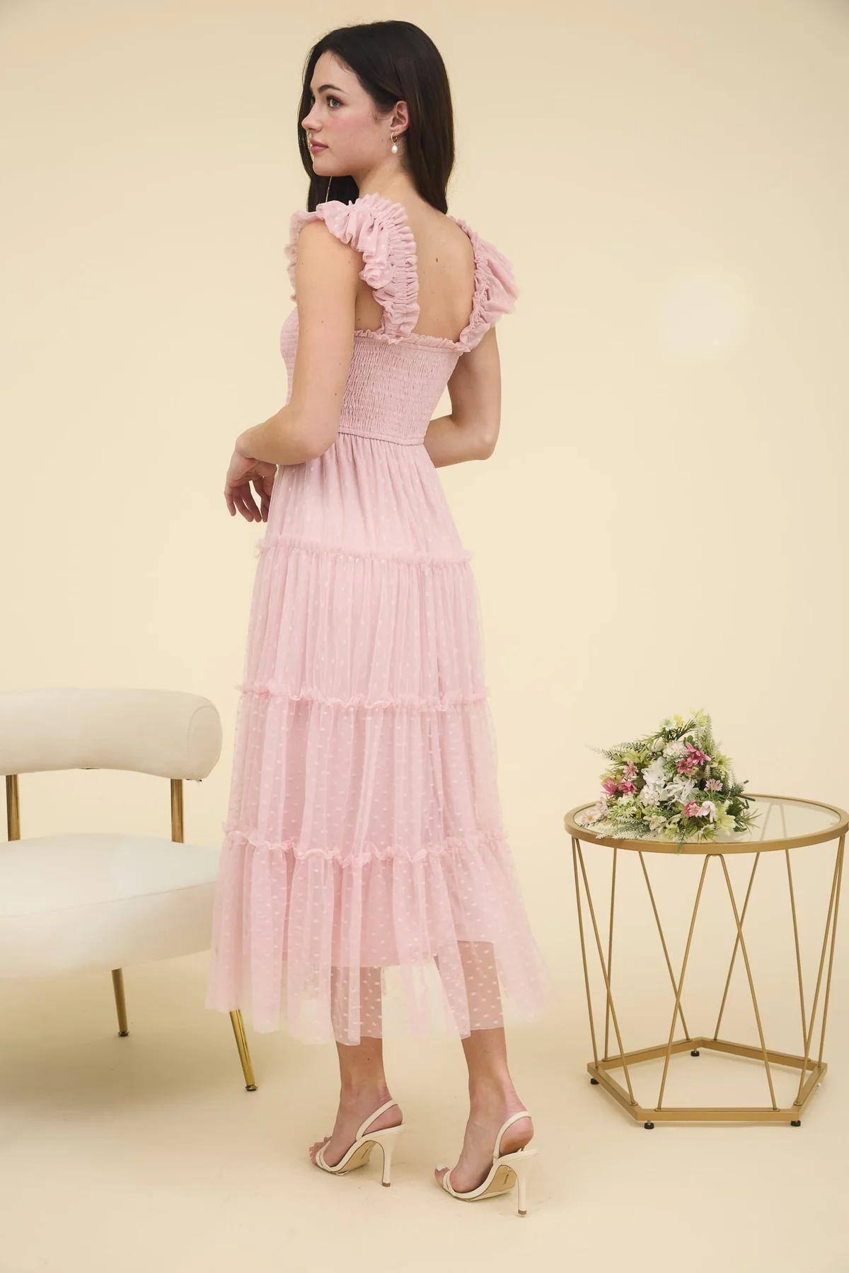 Polka Dot Chiffon Tiered Midi Dress