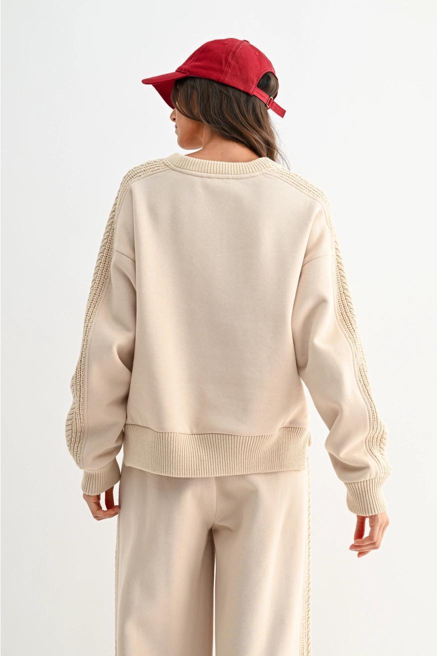 beige Cable Knit Trim Oversized Lounge Set