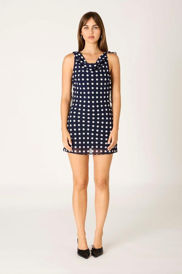 Satin Polka Dot Mini Dress w/ Cowl Back Detail