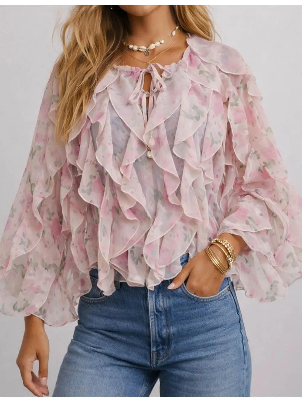 Boho Floral Print Tie Neck Tiered Ruffle Blouse