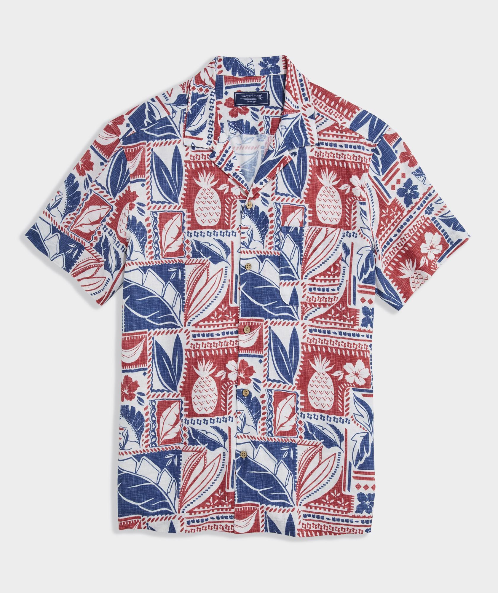 Waikiki Woodblock Linen Blend Short-Sleeve Cabana Shirt