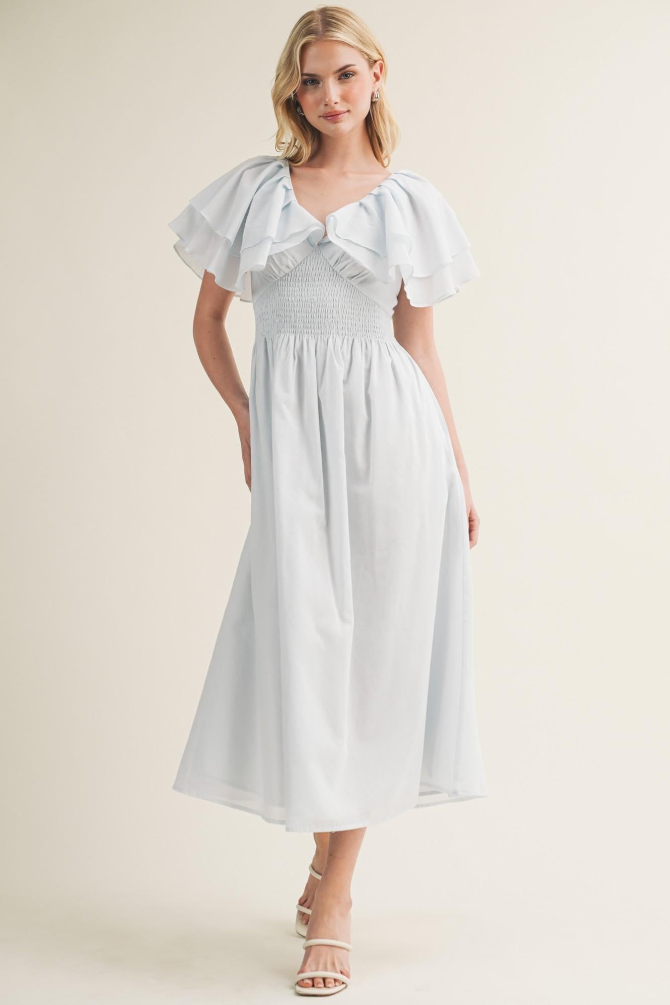 Mist Blue V-neck Ruffle-sleeve Midi Dress