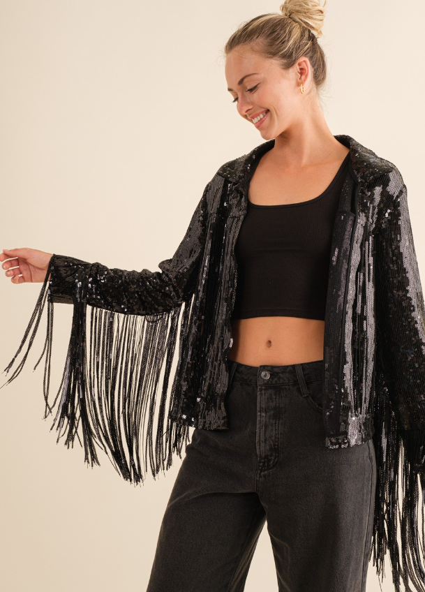 Black sequin fringe shop jacket
