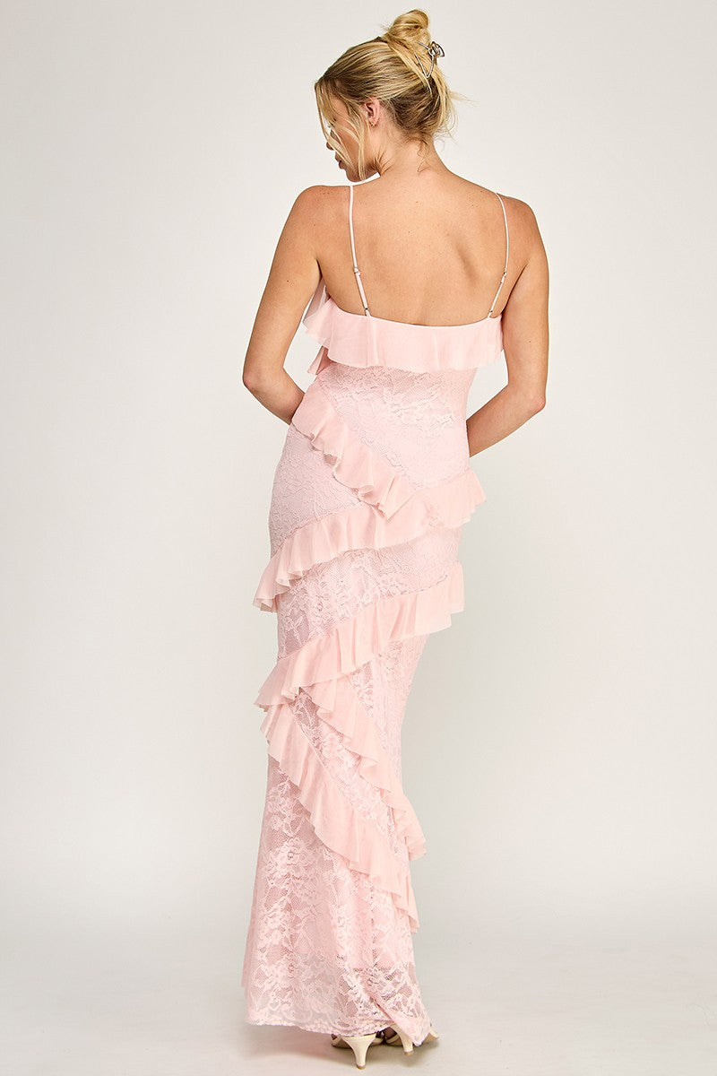 Light Pink Sleeveless Strap Open Back Ruffle Maxi Dress