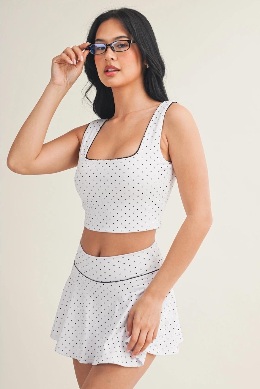 Polka Dot Print Crop Tank with Lace Trim