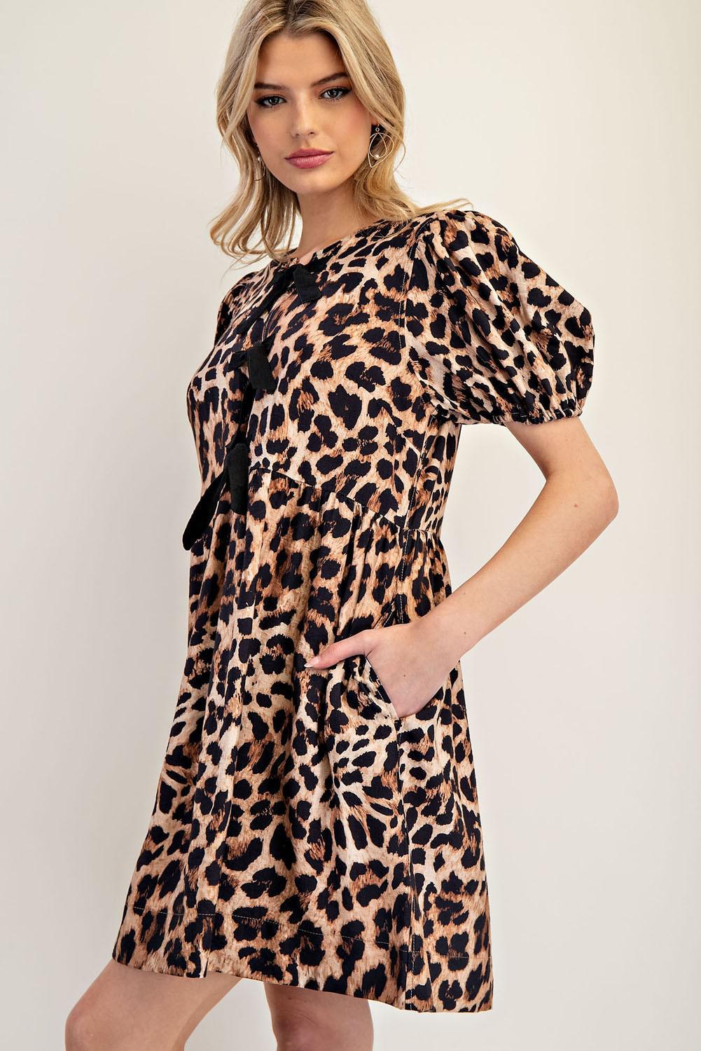 Leopard Ribbon Tie Front Mini Dress
