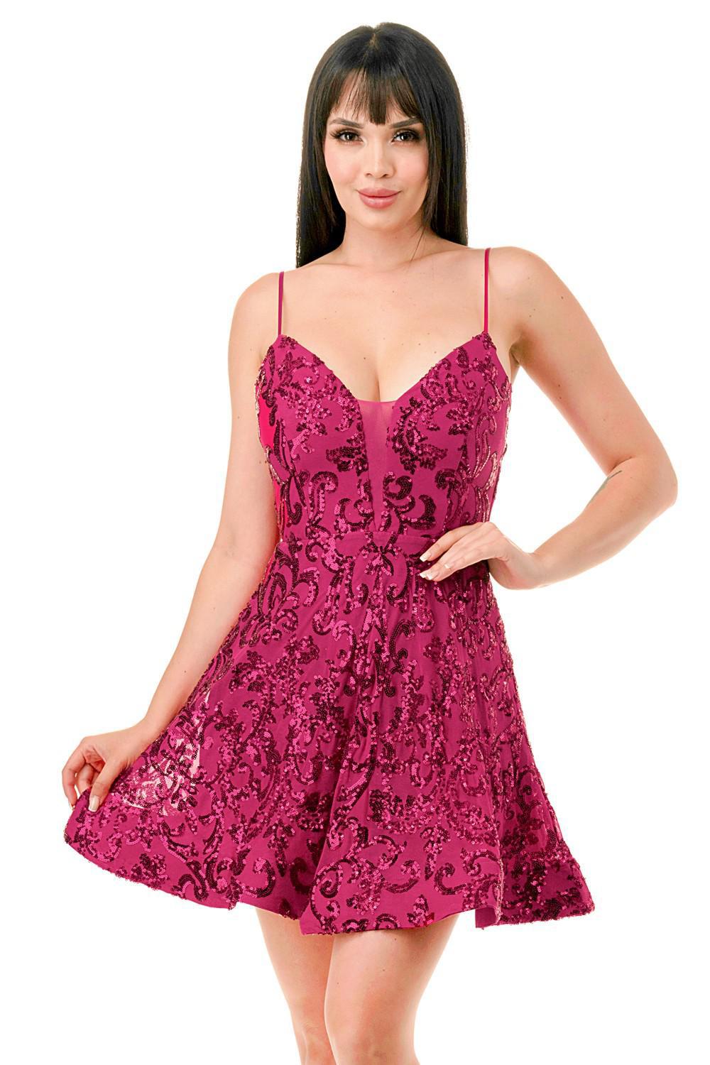 Fuchsia Sequin Plunging V-neck Fit & Flare Mini Dress