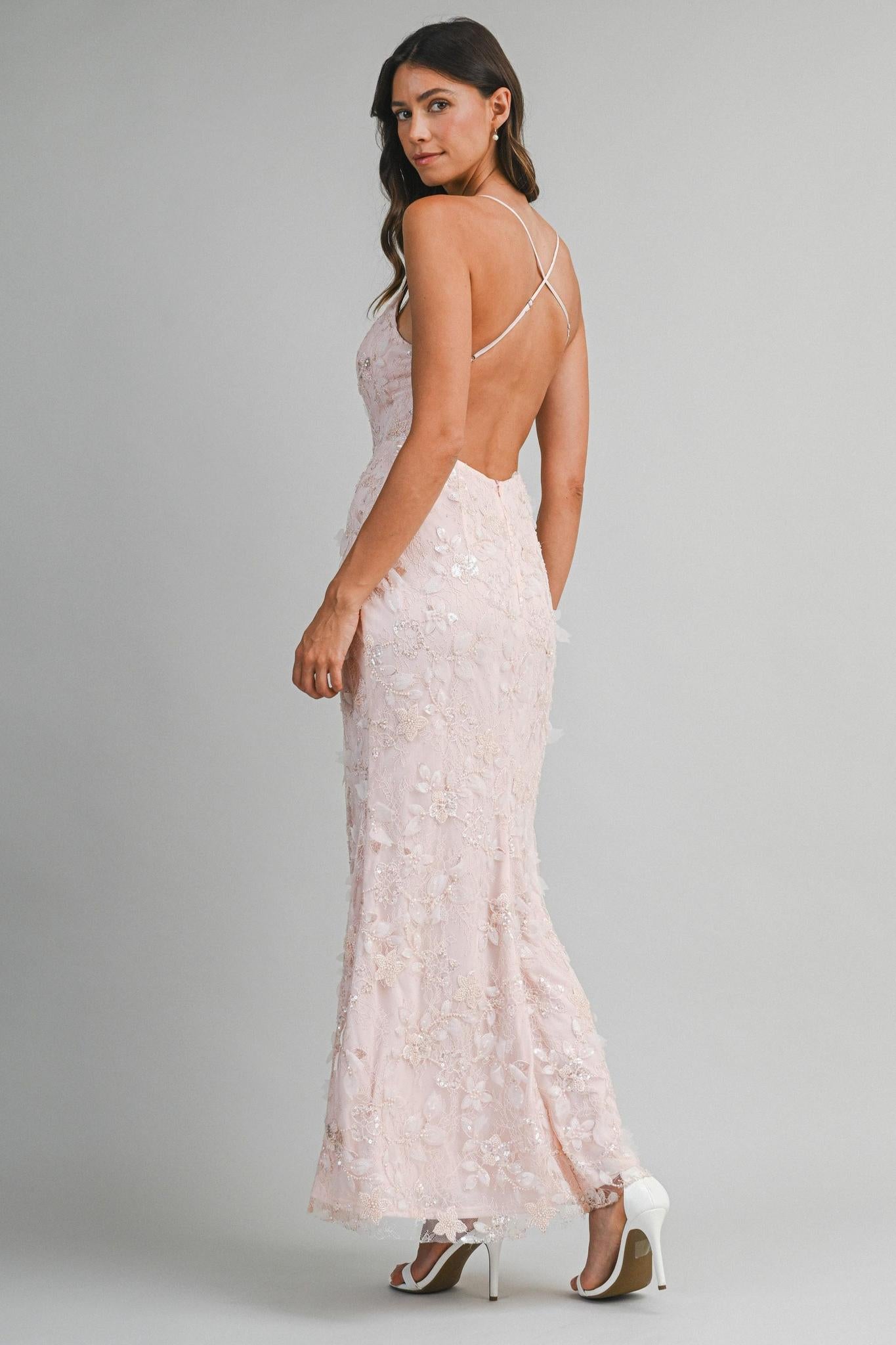 Embellished Lace Floral Applique Maxi Dress