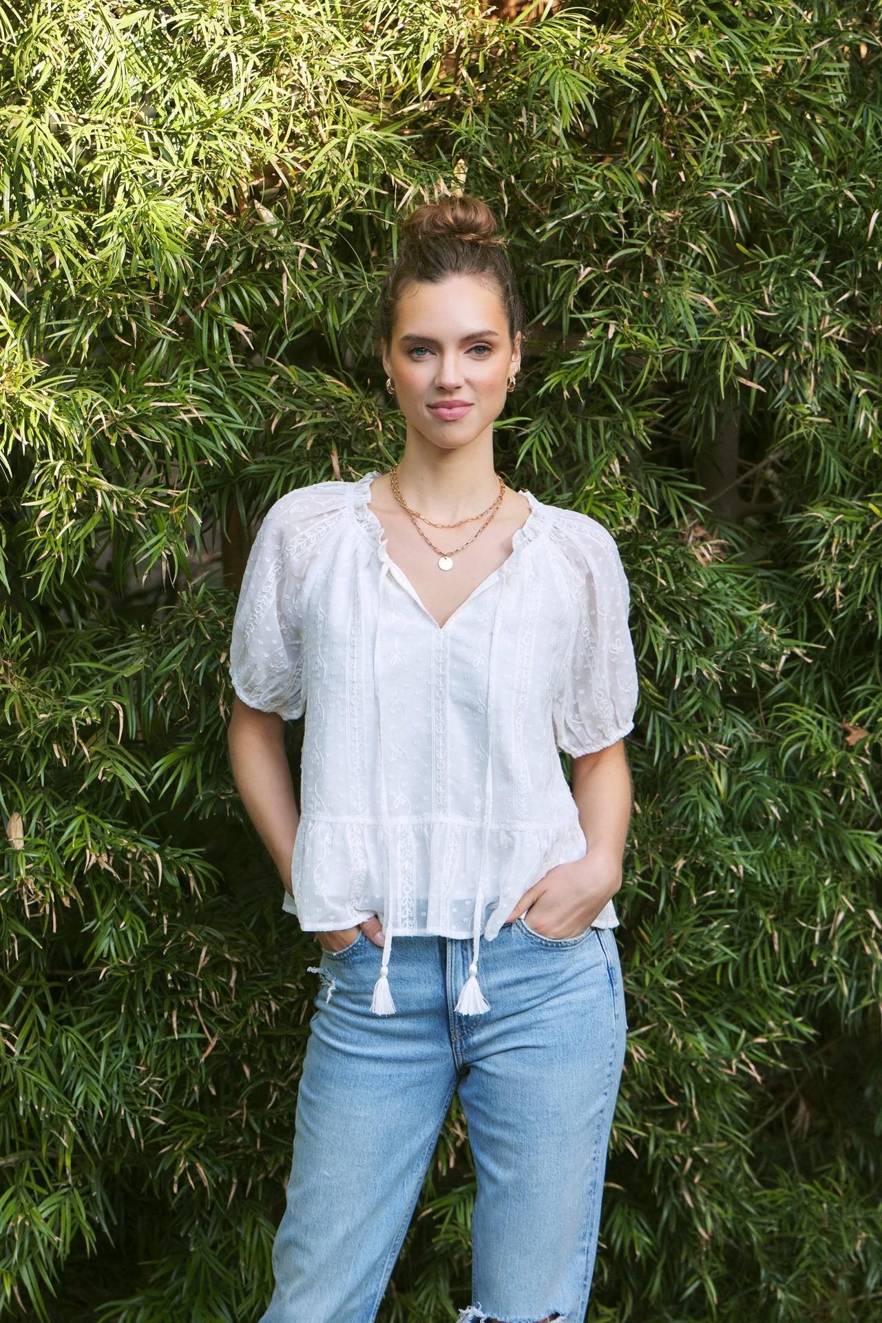 Embroidered Chiffon Flare Bubble Sleeve Blouse