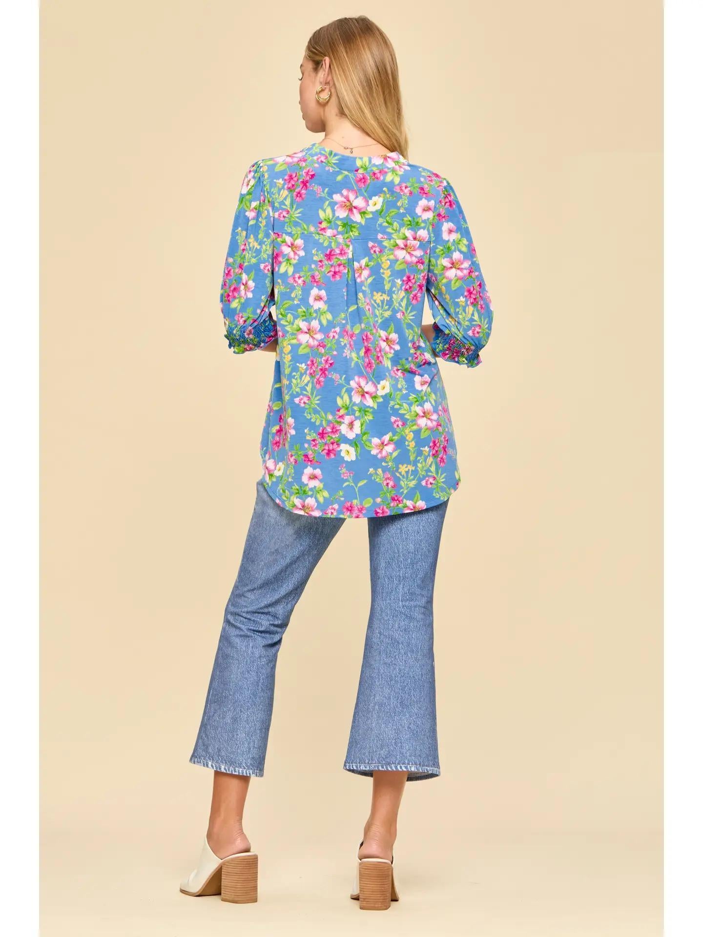 Ocean Blue Smocked 3/4 Sleeve Lizzy Top