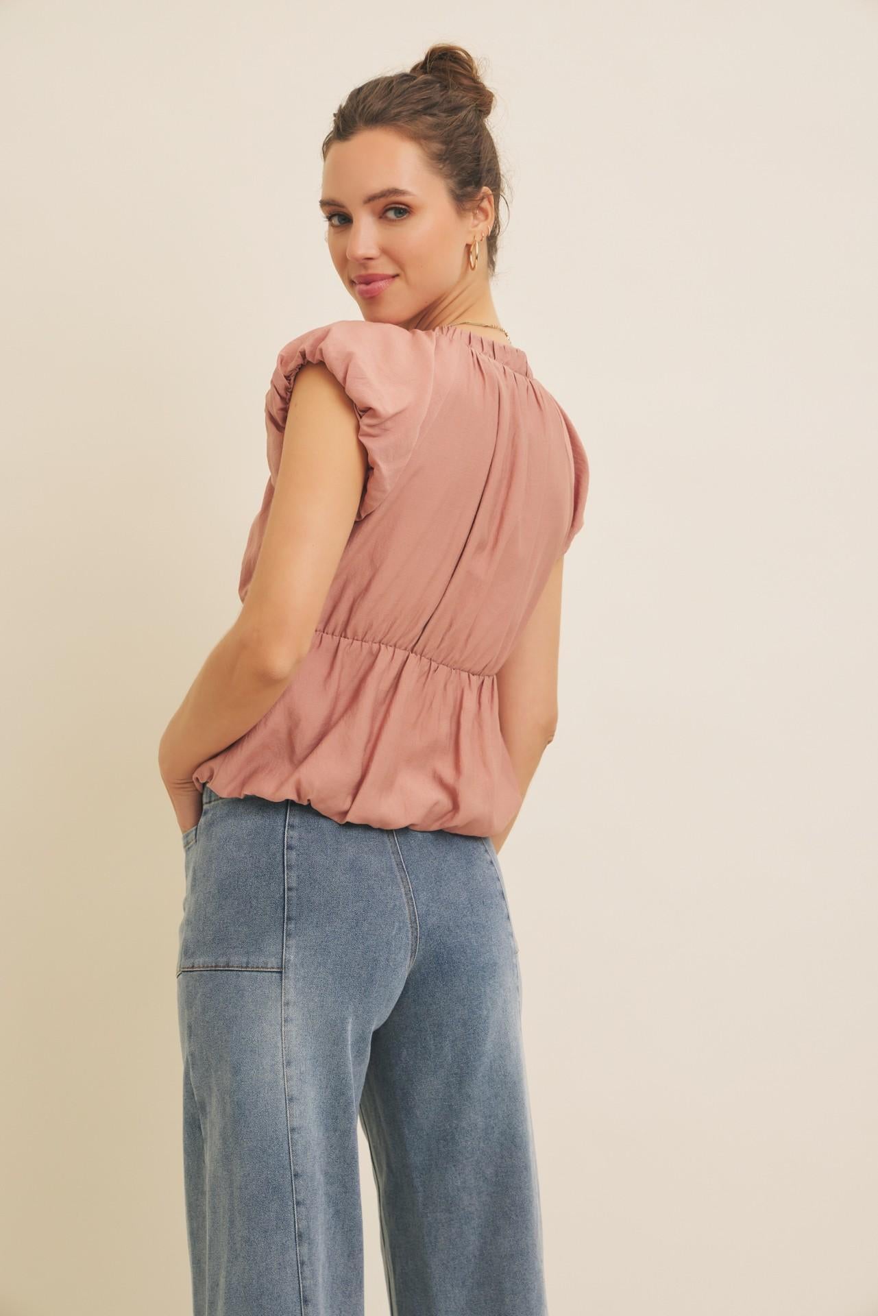 Mauve Bubble V-neck Blouse Top With Front Bow