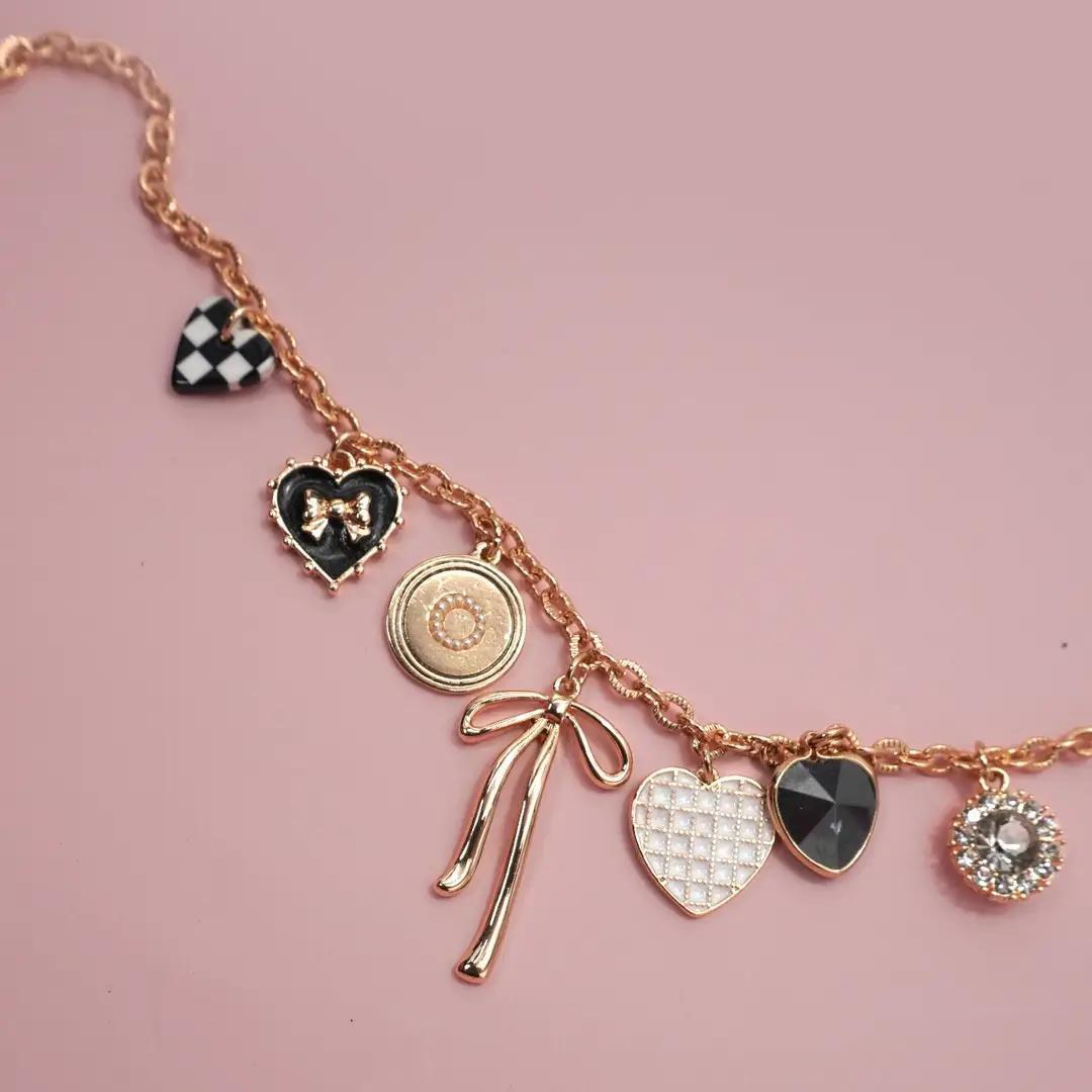 Charm Necklace-Bow Checker Heart Rhinestone