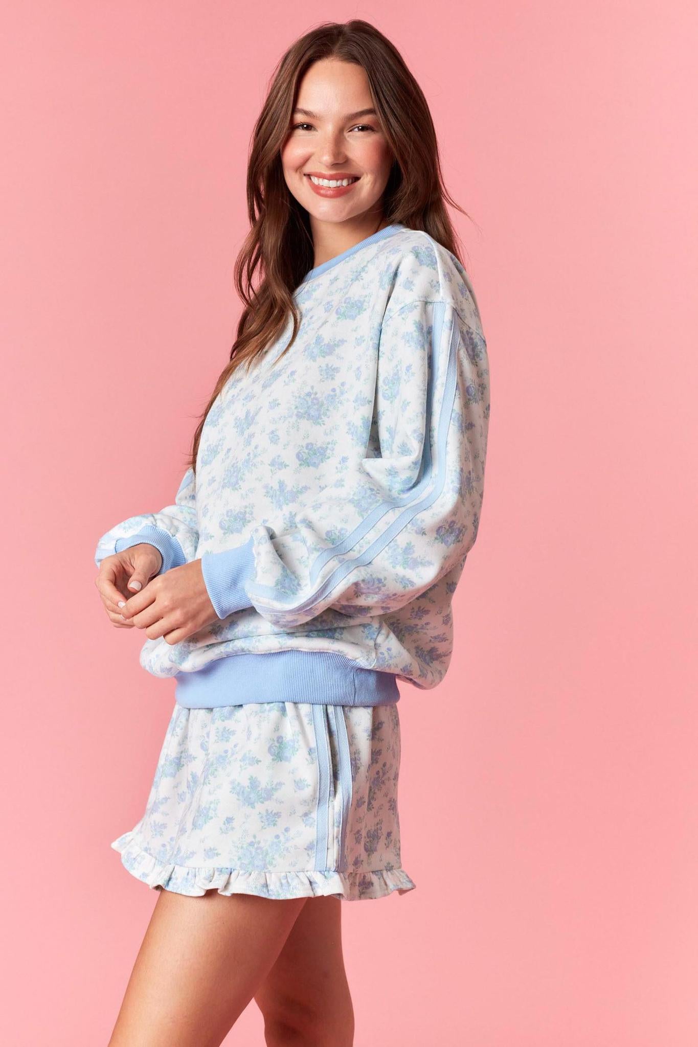 Blue Floral Print Terry Sweatshirt