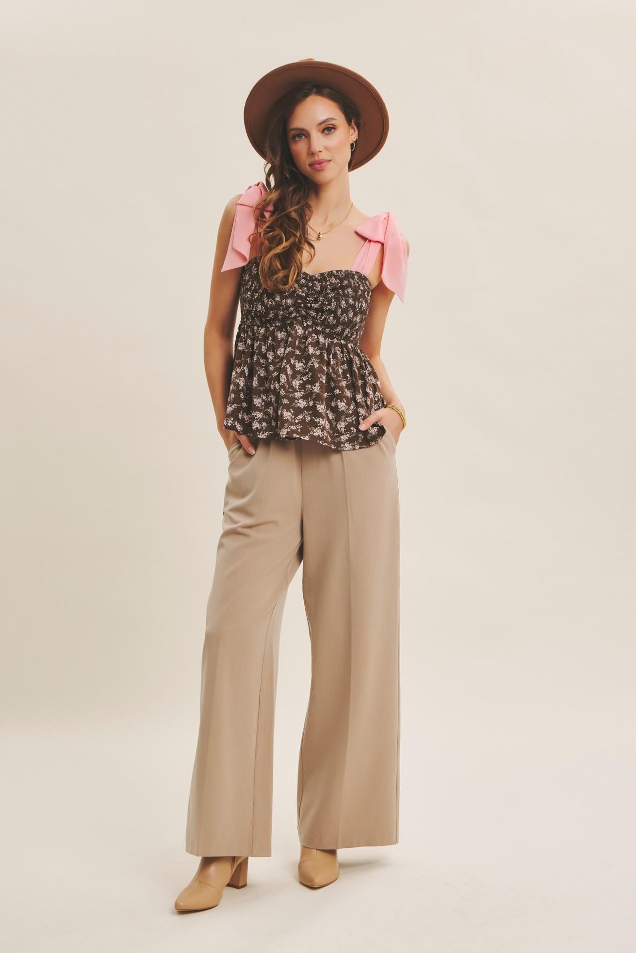 Brown/Pink Romantic Floral Flowy Smocked Top