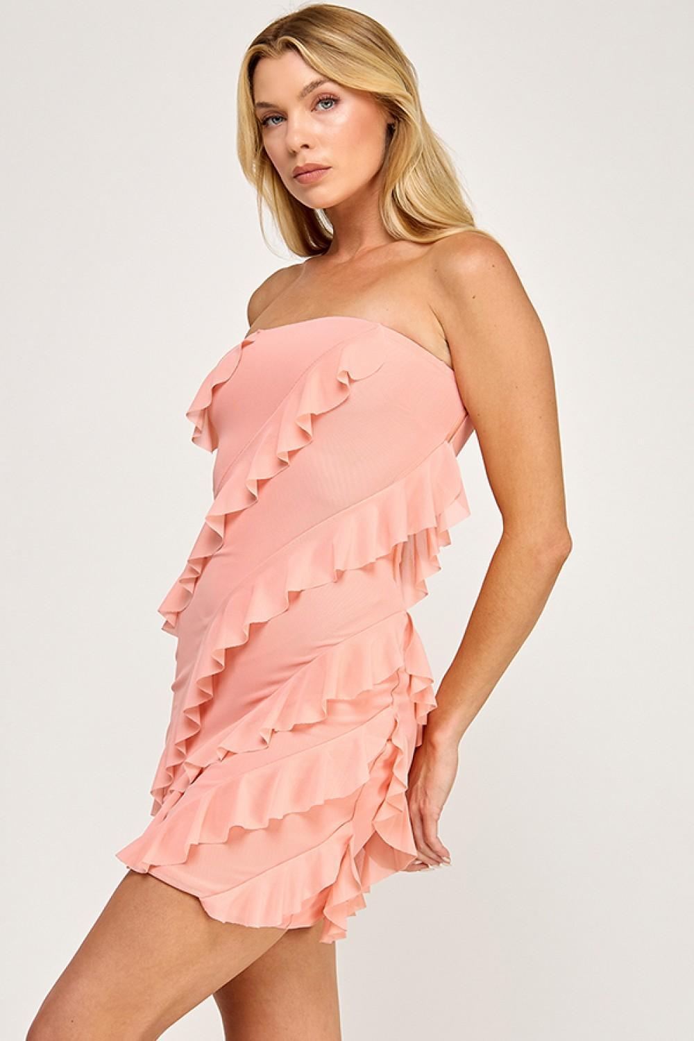 Coral Ruffle Strapless Tube Mini Dress