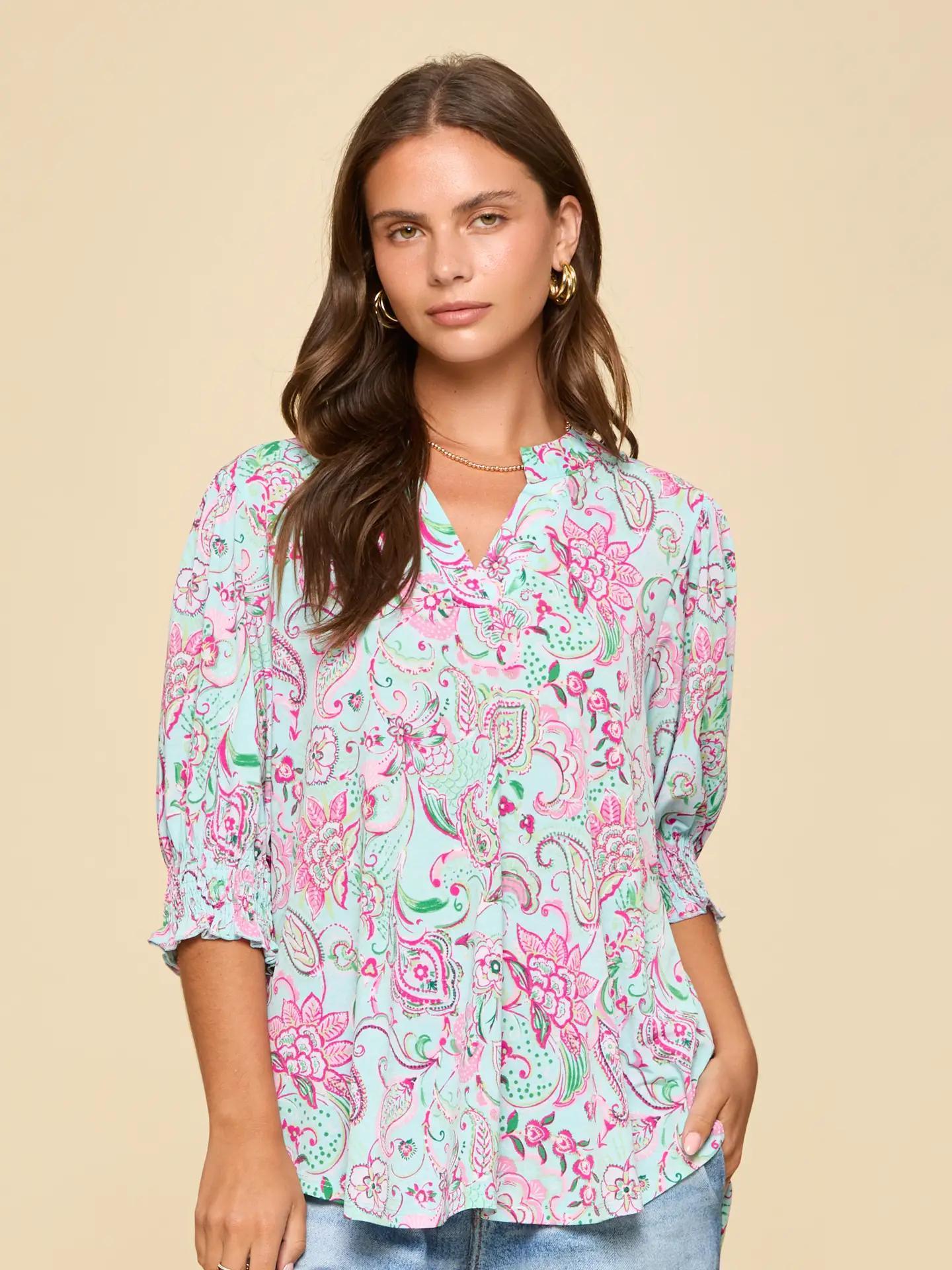 Aqua Pink Smocked 3/4 Sleeve Lizzy Top