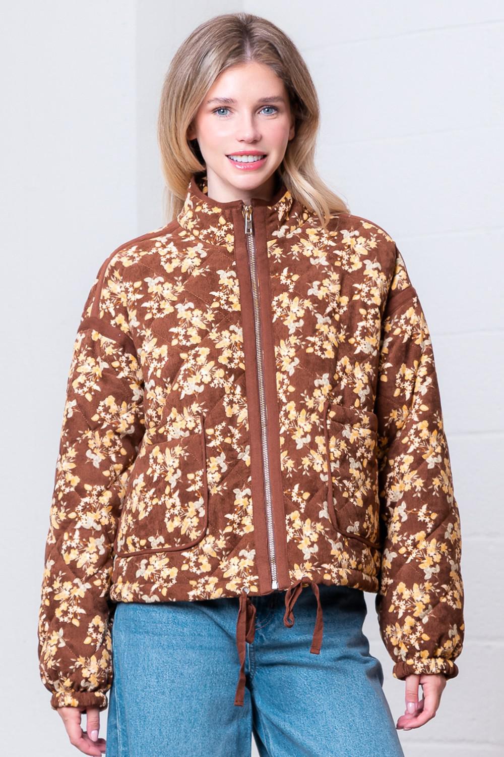 High-Neck Printed Corduroy Quilting Jacket