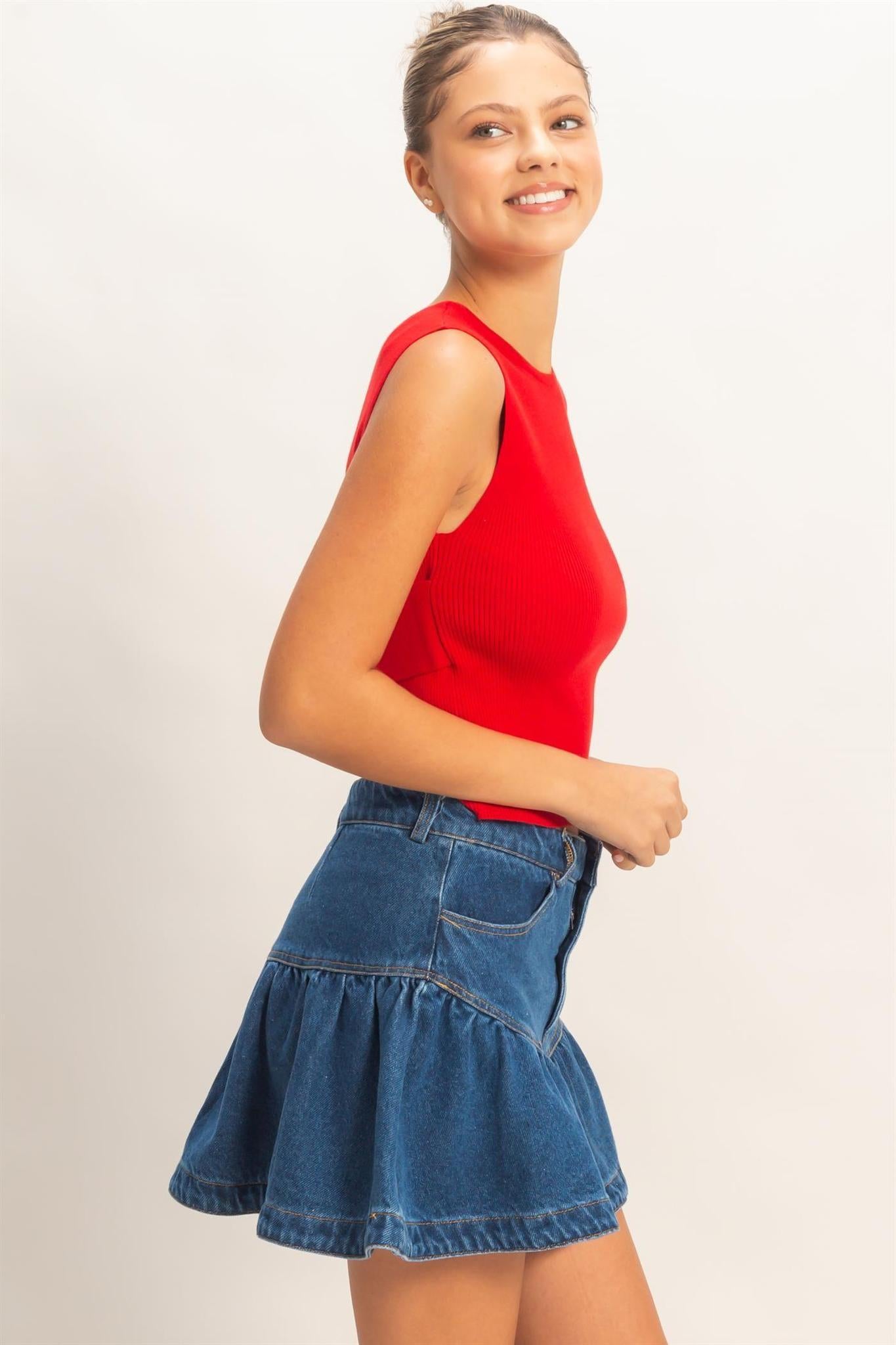 Ribbed Crew Neck Sleeveless Open Back Top