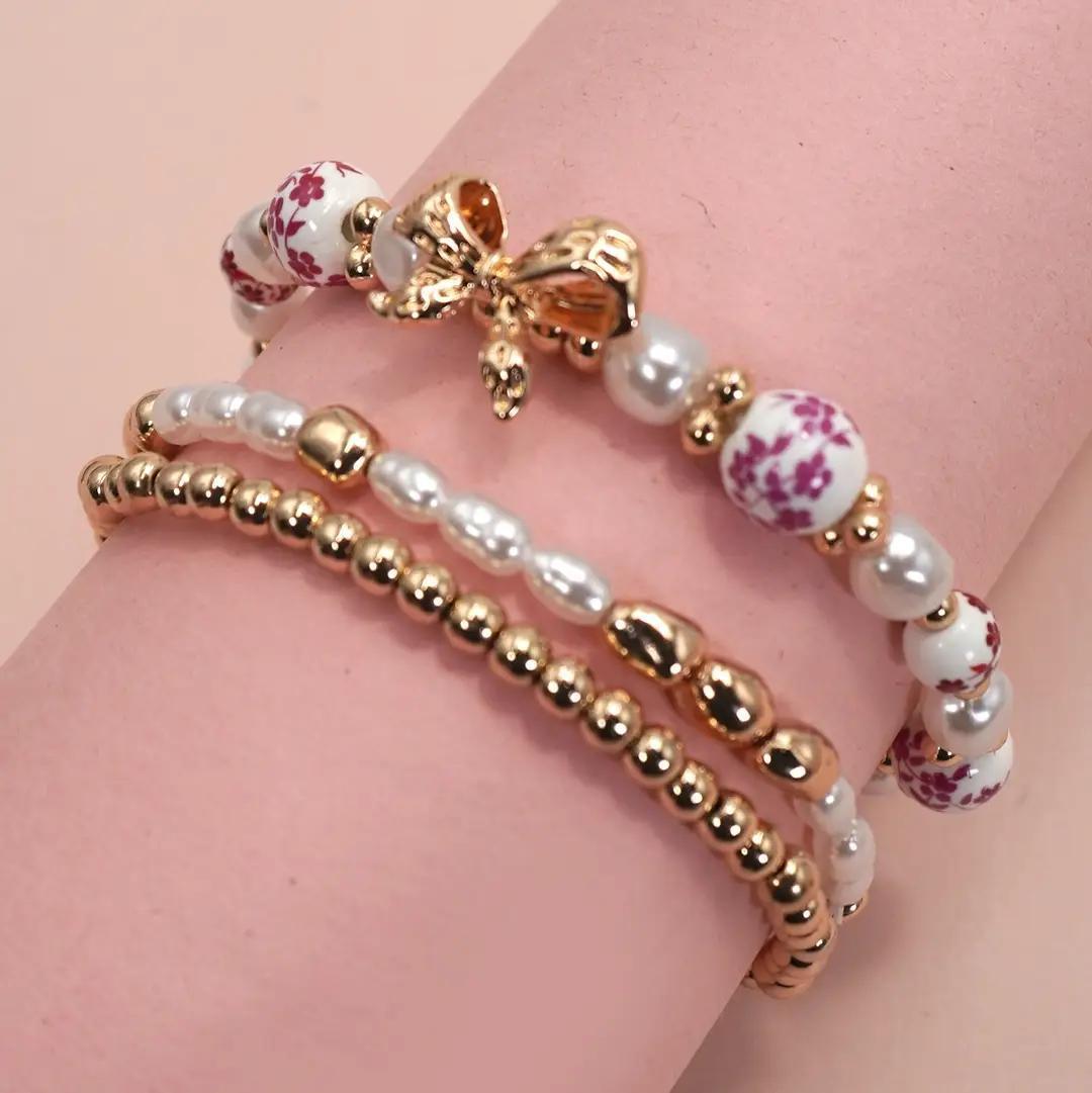 Pink Ceramic Porcelain Bow Multi-Layer Bracelet