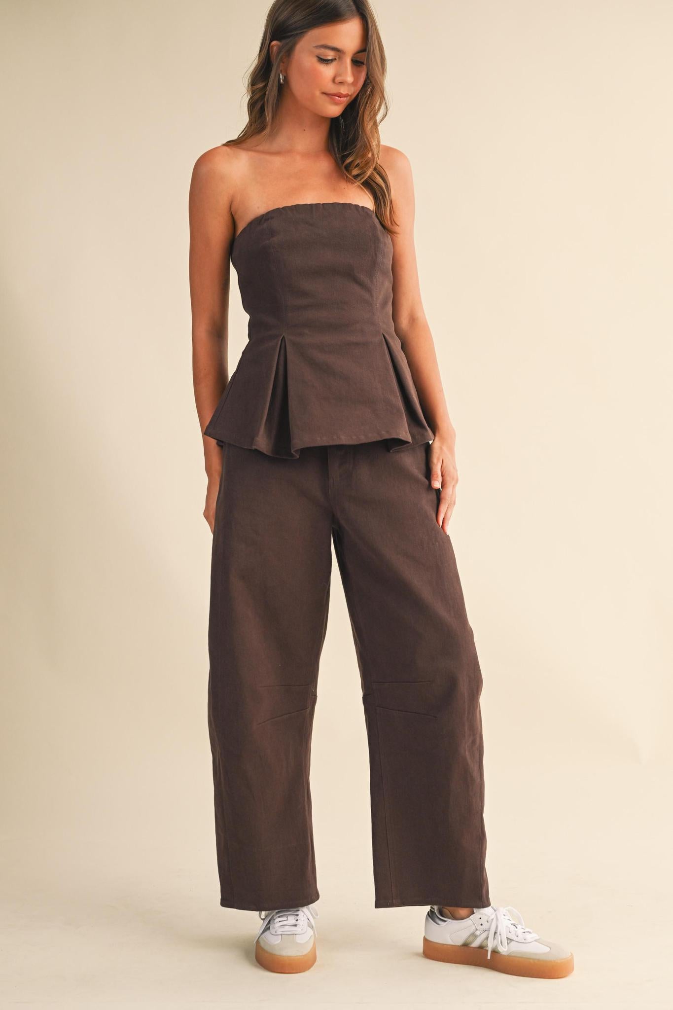 Dark brown Pleated Strapless Peplum Top