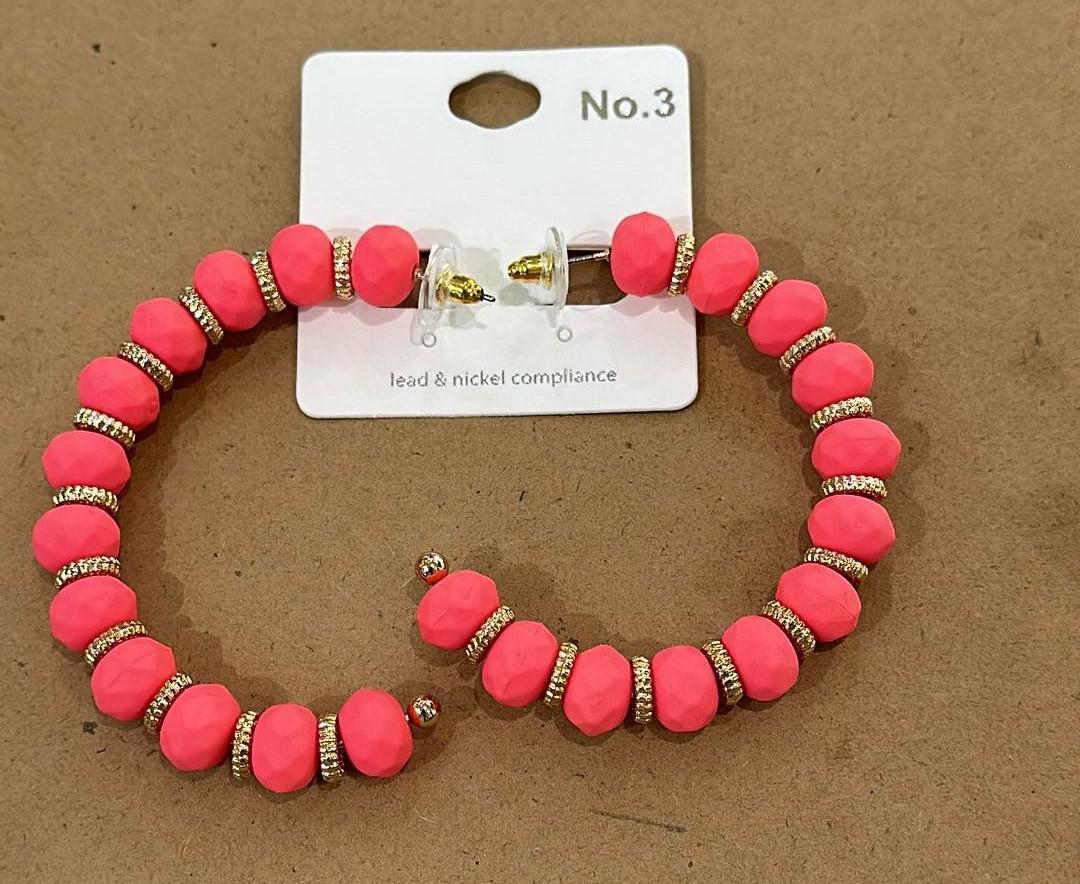 Neon Pink Gold Bead Hoops