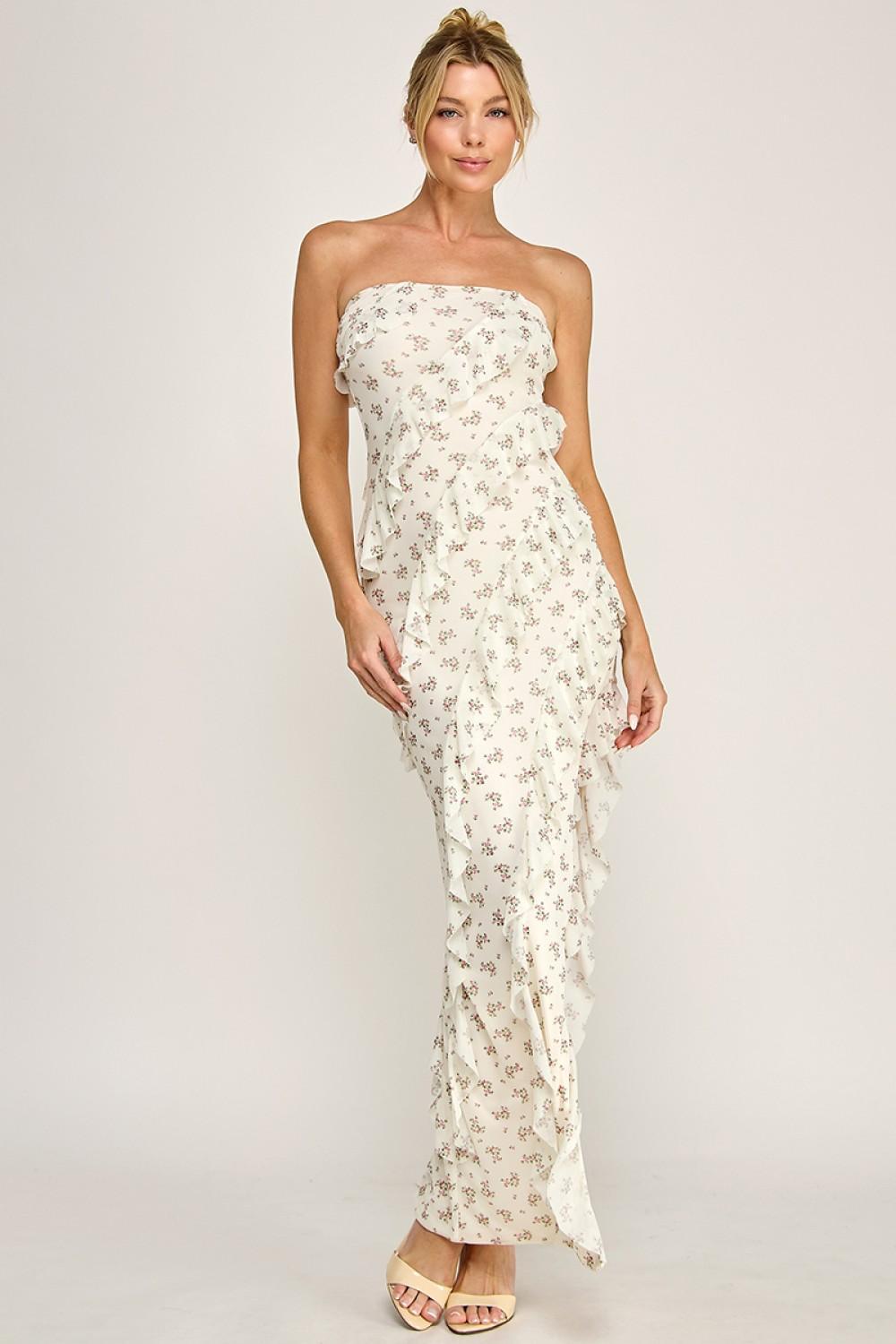 IVORY PRINT MESH RUFFLE TUBE MAXI DRESS