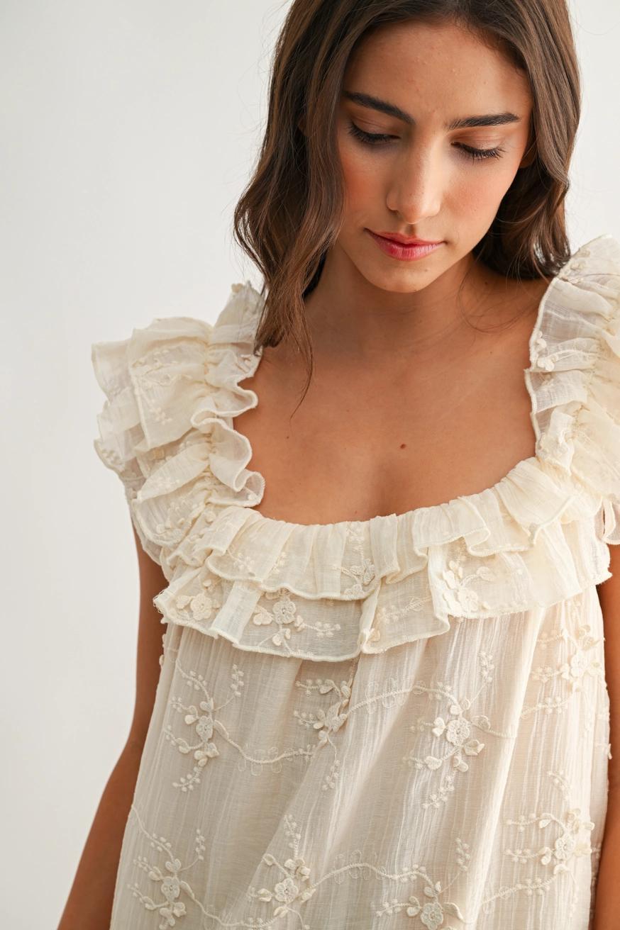 Ruffled Embroidered Tiered Dress in Cream