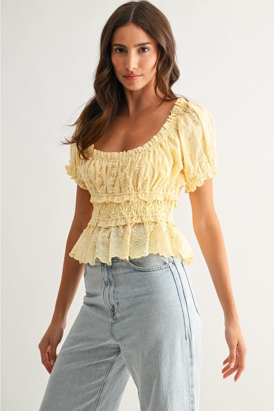 Embroidered Peplum Blouse in Yellow